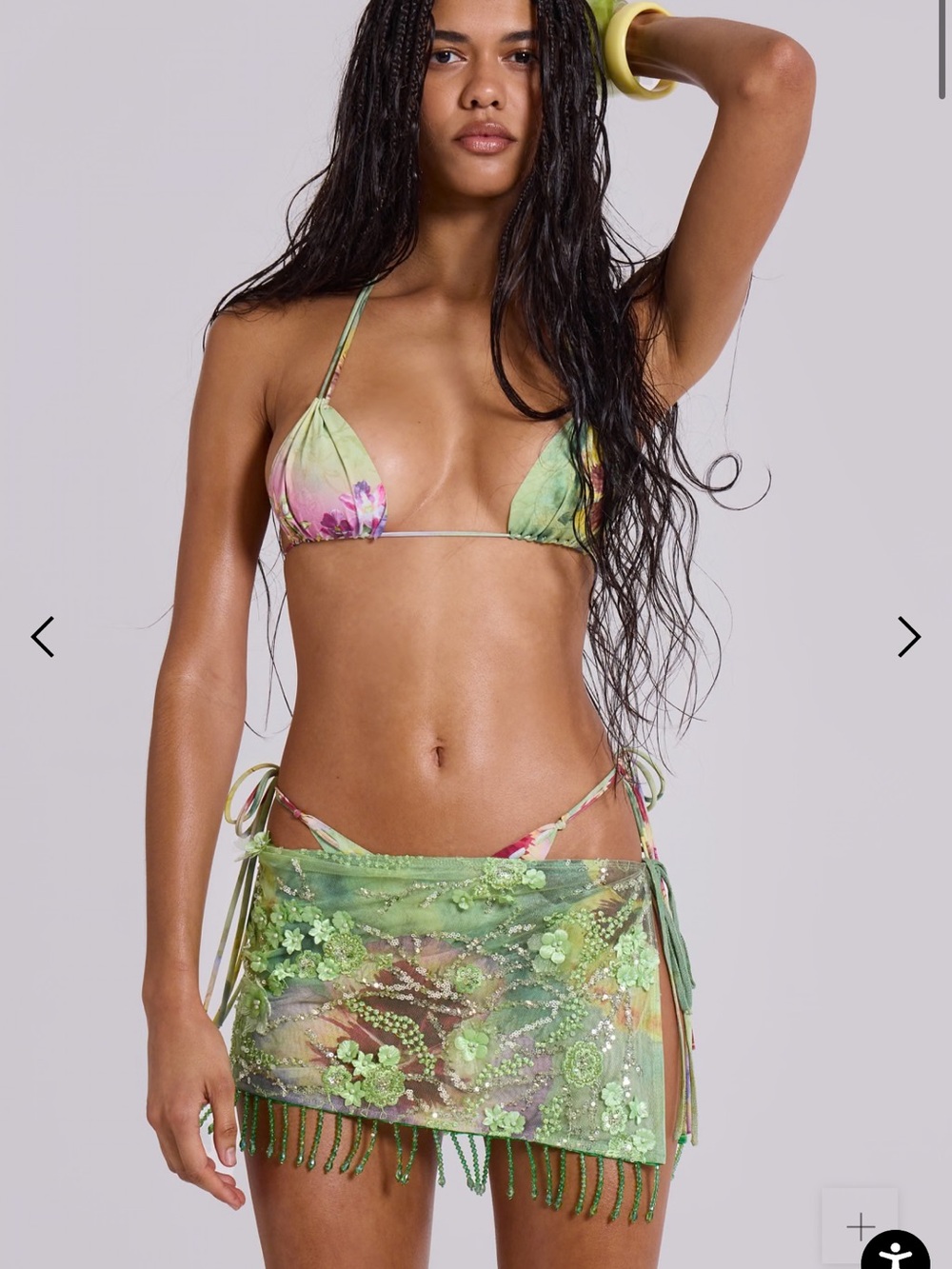 Jaded London Green Floral Triangle Bikini Set with Sheer Beaded Sarong